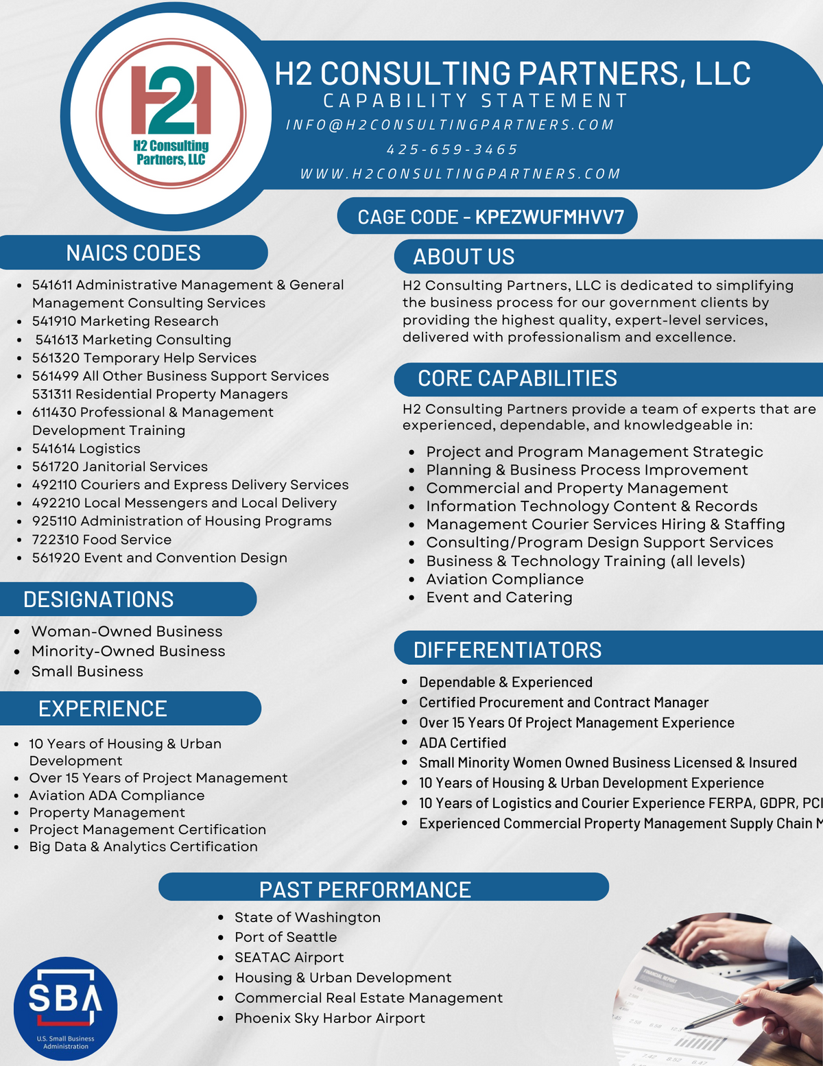 H2 Consulting Partners, LLC capability statement sheet